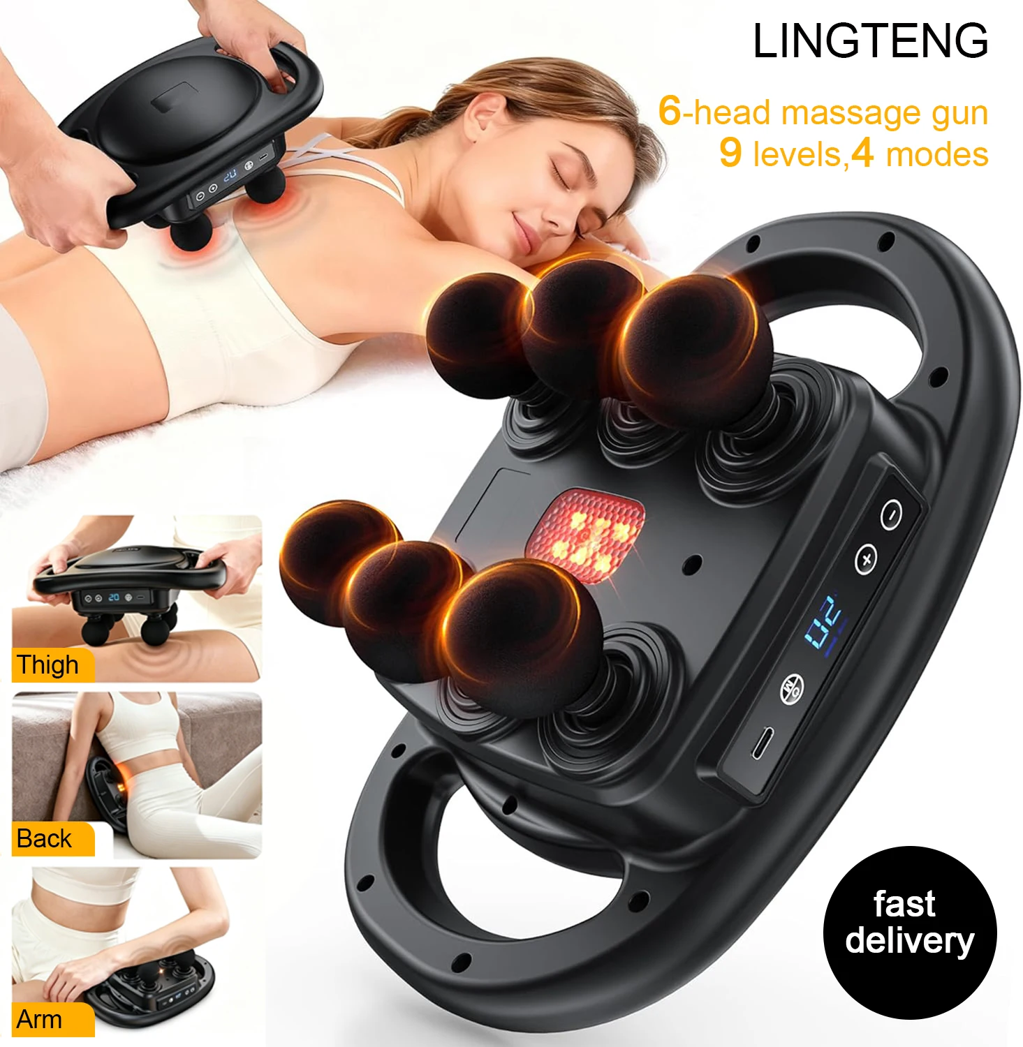 LINGTENG Deep Tissue Massage Gun, equipped with 6 head muscle massagers, a back massager, a percussive massage tool, and a handheld massager, featuring 9 intensity levels and 4 modes, suitable as a Christmas gift, adult birthday gift, or Father's Day gift