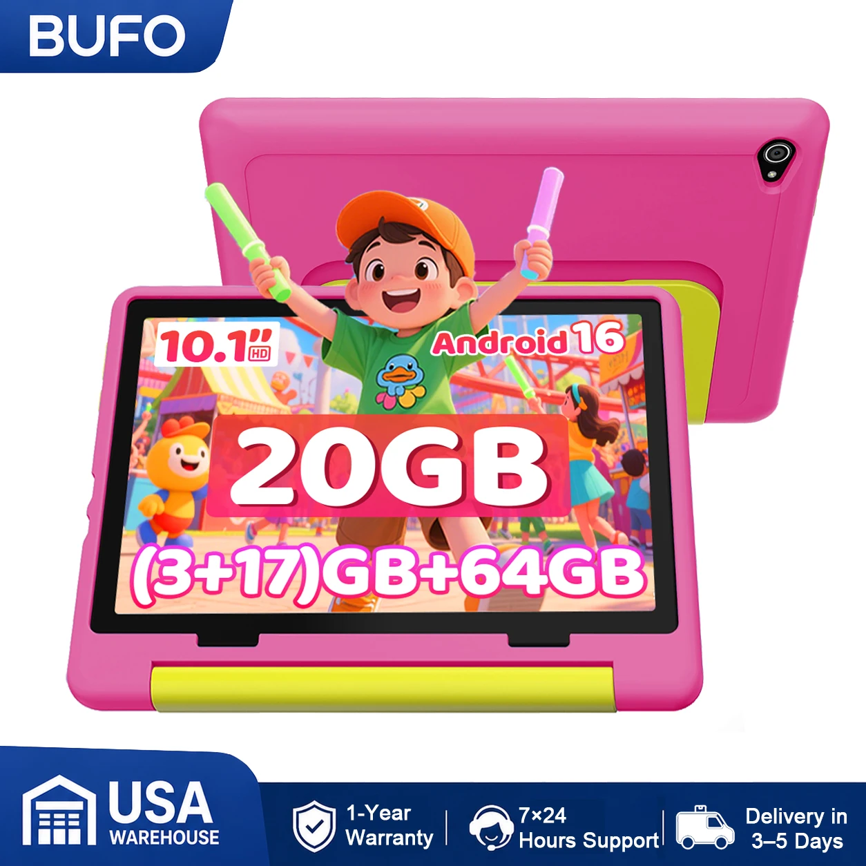 BUFO KT1028 10.1 Inch Kids Tablet A333 Five Core 20GB(3+17G) RAM 64GB ROM Android 16 1280*800 HD LCD Eye Protection Screen 5000mAh Battery Parental Control Dual Camera TF Card Up to 1TB Children Tablet PC