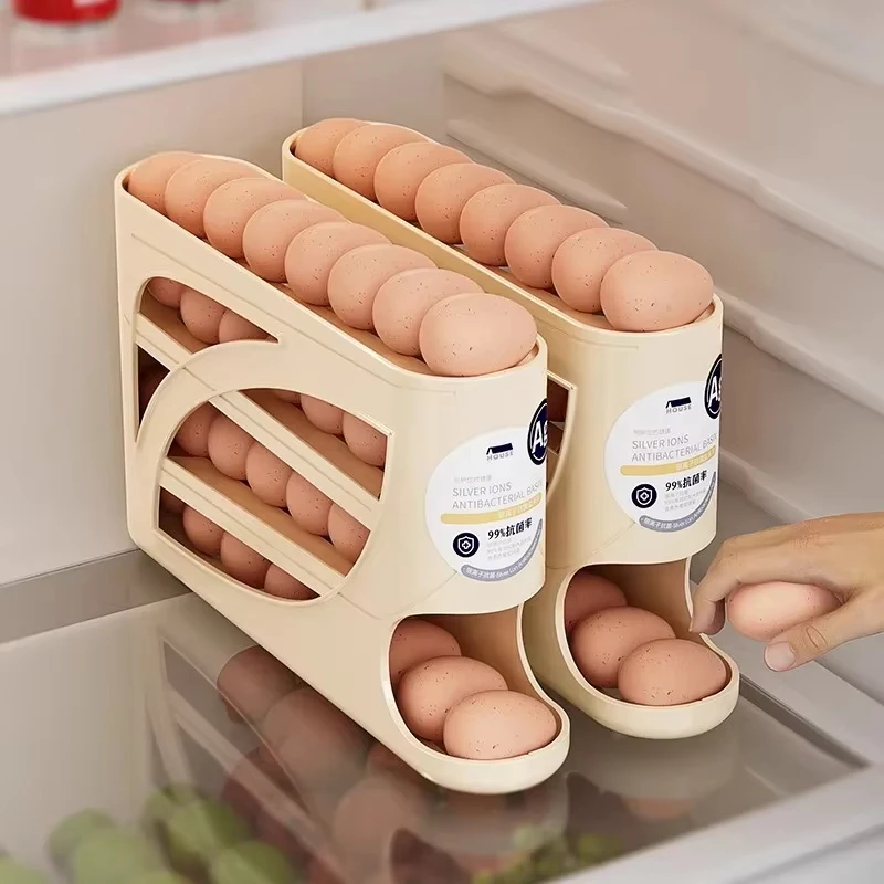 4-Tier Sliding Egg Dispenser, Automatic Rolling Shatterproof Holder For Fridge &amp; Countertop, Easy-Clean, Washable,Space-Saving Refrigerator Side Door Storage Rack For Kitchen Organization,Egg Storage