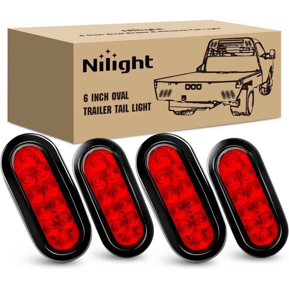 Nilight 6’Oval LED Trailer Tail Light W/Flush Mount Grommets Plugs Stop Turn Brake Lighting Modes Lamp for Camper RV Truck 4PCS