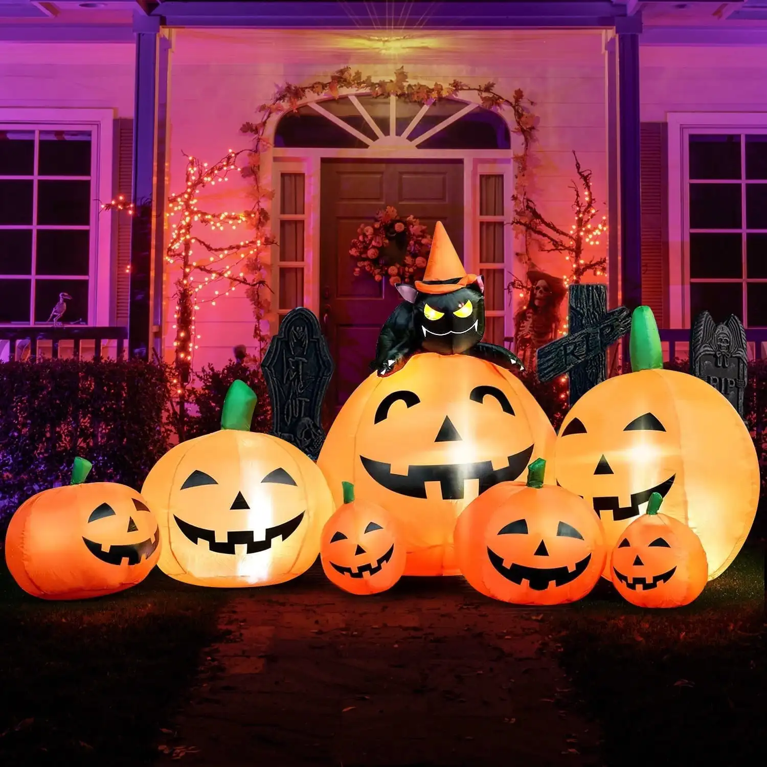 7 ft Long Halloween Inflatable Long Pumpkin with Witch's Cat Decorations Inflatables for Halloween Outdoor Yard Decorations Party Gift
