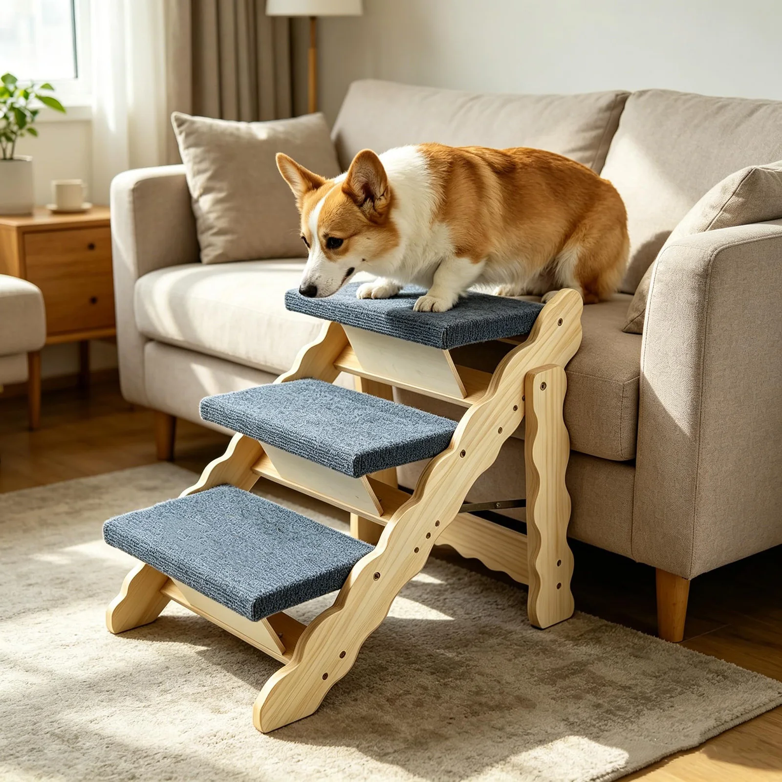 2-in-1 Wooden Pet Stairs &amp; Folding Dog Ramp 3/4 Step Anti-Slip Ladder For High Beds Cars Indoor Cats Dogs Support Up To 150lbs