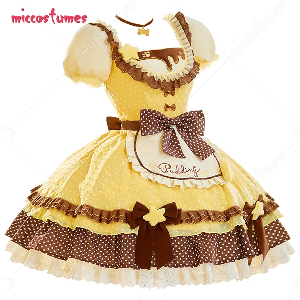 Miccostumes Women's Yellow Costume Anime Doll Cosplay Cute Lolita Suit Polka Dot Colorblock Dress with Apron and Hat