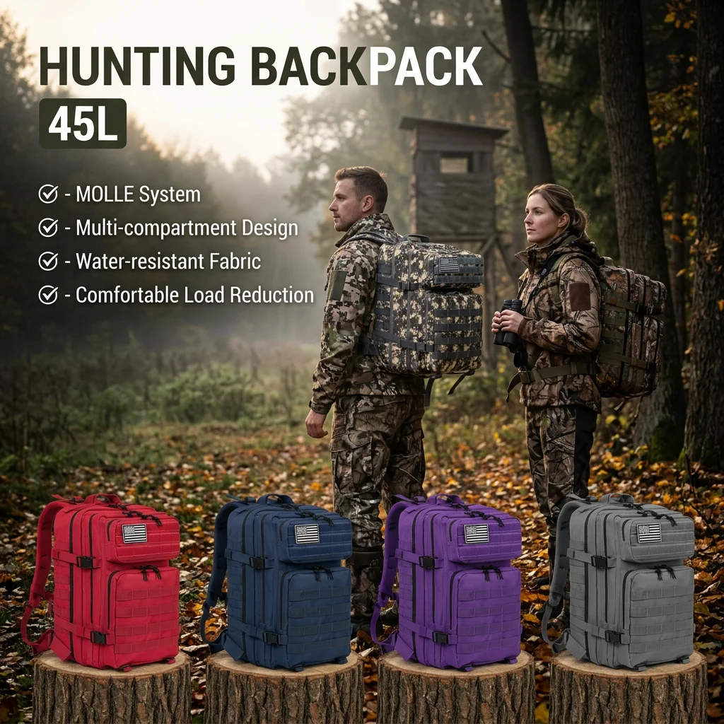 45L Tactical Hunting Backpack Molle Storage Bag Large Capacity Multi Pocket Wear Resistant Outdoor Hunting Gear Rucksack Durable Wild Shooting Daypack For Men Women Hunters Bushcraft Wilderness Trekking Camping Luggage Bag