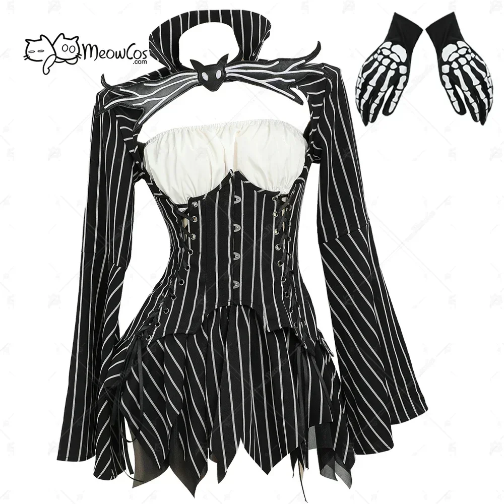 MEOWCOS Women's Jack Cosplay Costume Halloween Gothic  Long Sleeve Top with Skirt and Gloves