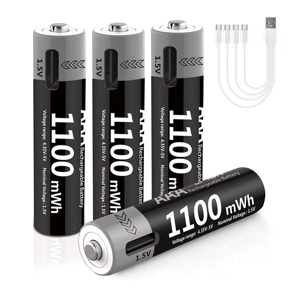 Kuugro 1.5V 1100mWh AAA Rechargeable Battery USB Type-C Rechargeable Aaa Li-ion Batteries with 4-in-1 USB Cable for Toys Camera Flashlight