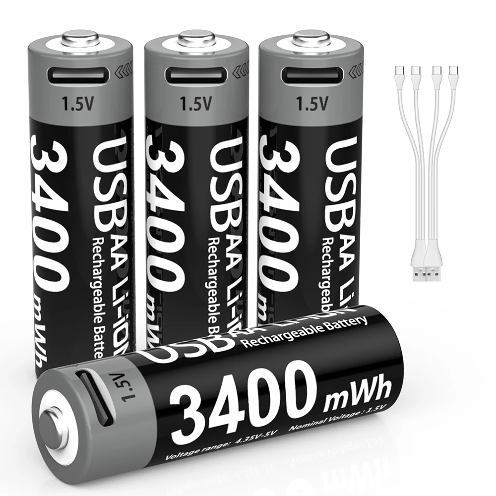 Kuugro High Capacity 1.5V 3400mWh AA Rechargeable Battery USB Type-C AA Li-ion Battery for Remote Control Smart Door Lock Toy