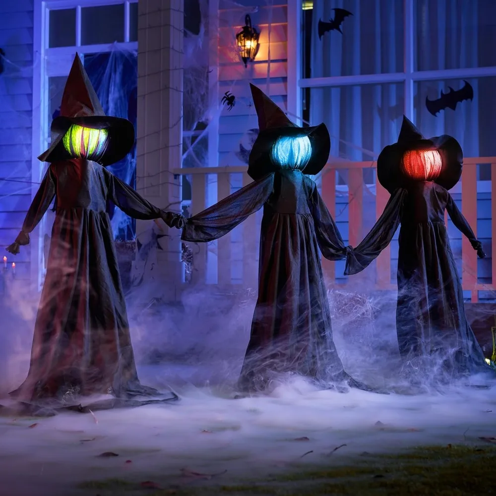 51'' Halloween Witch Decorations Outdoor Yard Stakes Multicolored Light Up Flying Witch with Sound Activation, for Halloween Graveyard Lawn Yard Garden Decorations