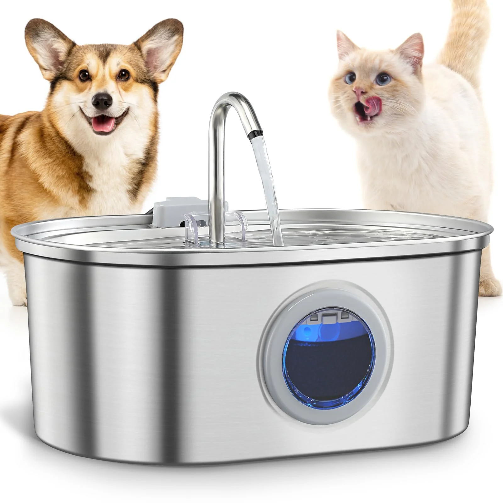 3.2L/108oz Large Capacity Pet Water Fountain 304 Stainless Steel Cat Water Fountain Ultra Quiet Pet Water Dispenser for Cats Dogs Automatic Drinking Bowl with Filter 24/7 Fresh Filtered Water Bowl for Indoor Cats &amp; Dogs with Window（No 5V 1A Plug）