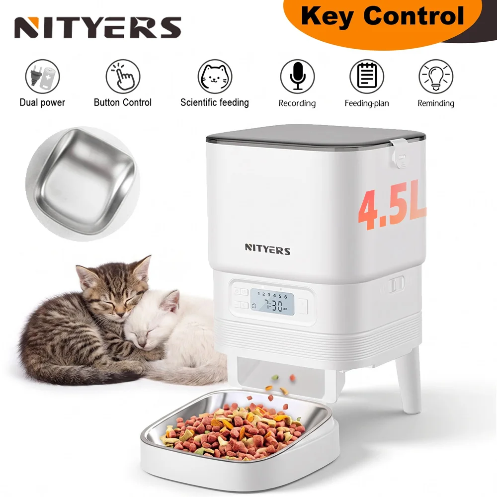 NITYERS 4.5L Automatic Cat Feeder, Timed Dog Food Dispenser with Stainless Steel Bowl, Smart Pet Feeder with Clog-Free Design, Voice Recorder, Dual Power Supply, Portion Control &amp; Meal Planner for Cats and Small Dogs