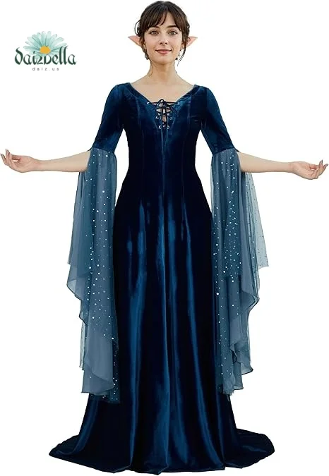 MEOWCOS Halloween Medieval Renaissance Costume Historical Retro Celtic Fairy Velvet Gown V-neck Lace-up Long Sleeves Dress